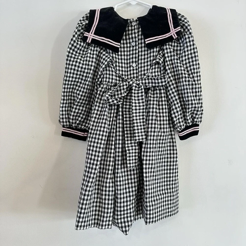 VTG 90's Debut Girls 4T‎ Toddler Dress Checkered Black White Collar Pink Tie